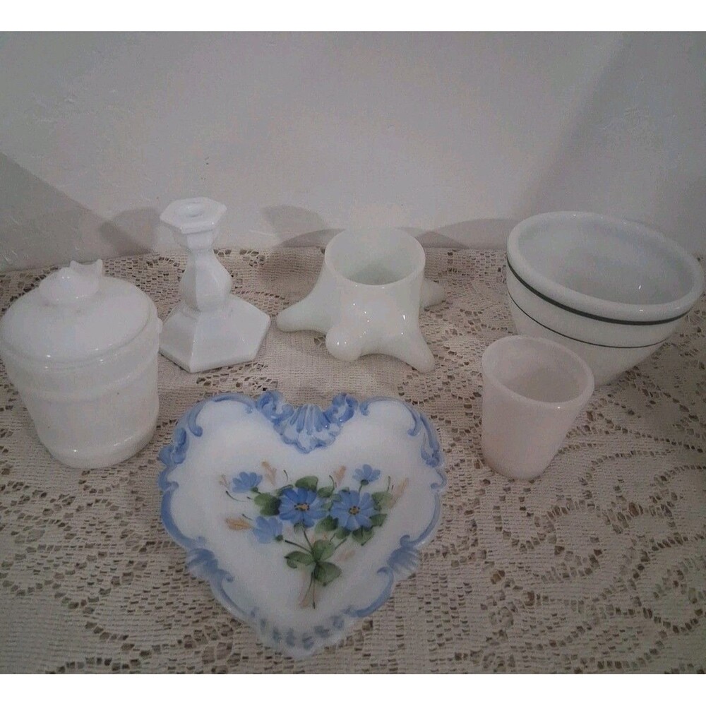 Vtg Milk Glass Lot (6) Trinket Dishes Bowl Shot Glass Candle Holder Cottagecore